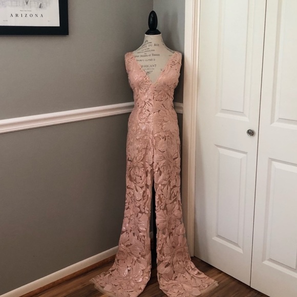 NWT JOVANI SZ 0 ROSE GOLD SEQUIN LACE ILLUSION JUMPSUIT - Picture 2 of 2